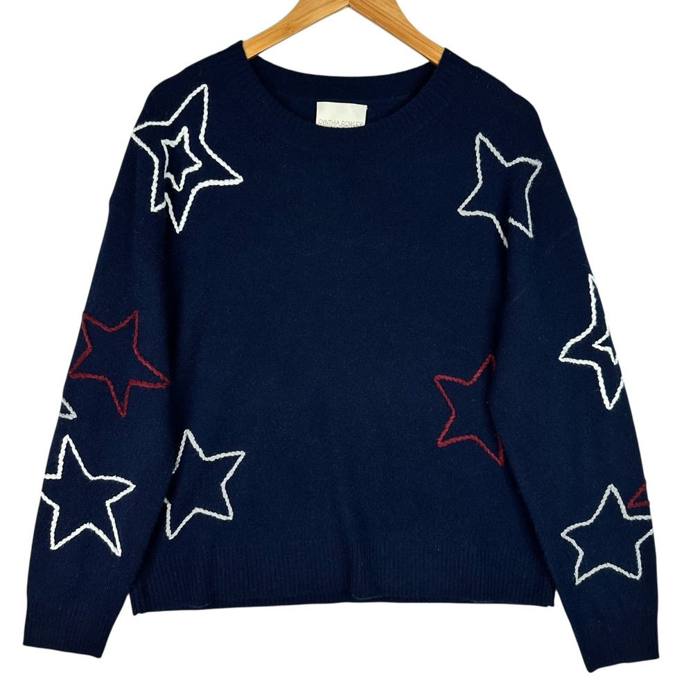 Cynthia Rowley 100% Cashmere Sweater Women XL NWOT Navy Star Print Crewneck
